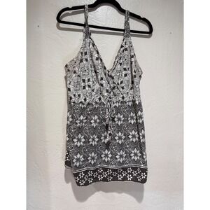 Women 22W Black White Cotton Floral Boho Halter Empire Waist Top Beaded